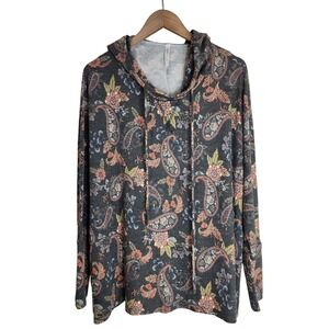 Dear Scarlett Tunic Top Women's Medium Pullover Hooded Long Sleeve Paisley Grey‎